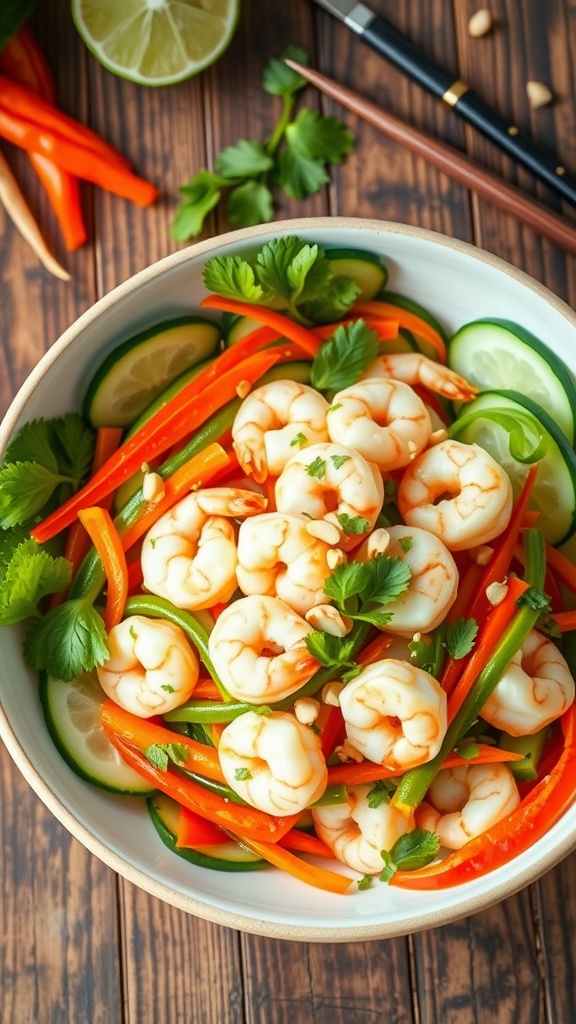 A colorful bowl of Thai shrimp salad with shrimp, bell peppers, cucumbers, and herbs, garnished with peanuts on a wooden table.